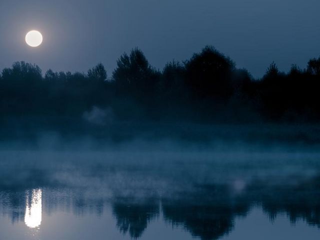 Nur der Vollmond: Ein See bei Nacht, ohne Lichtverschmutzung Nur der Vollmond: Ein See bei Nacht, ohne Lichtverschmutzung